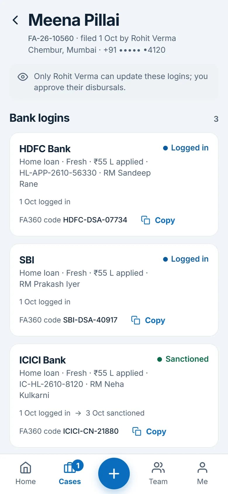 A case in FA360 with its bank logins
